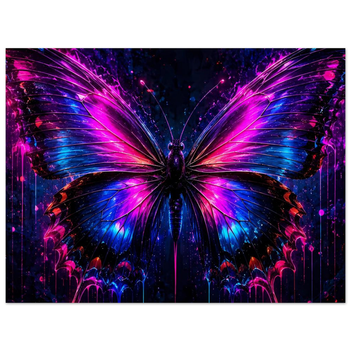 Neon-Schmetterlingsposter im Querformat, kräftige lila Lichtstrahlen aus den Flügeln