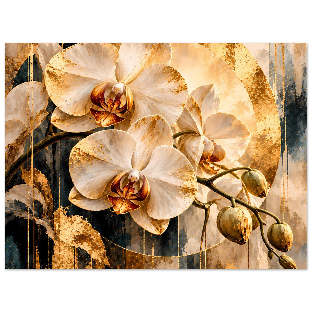 Orchideen-Kunstposter, breitformatiger Druck mit großen cremefarbenen Blüten und goldenen Sprenkeln