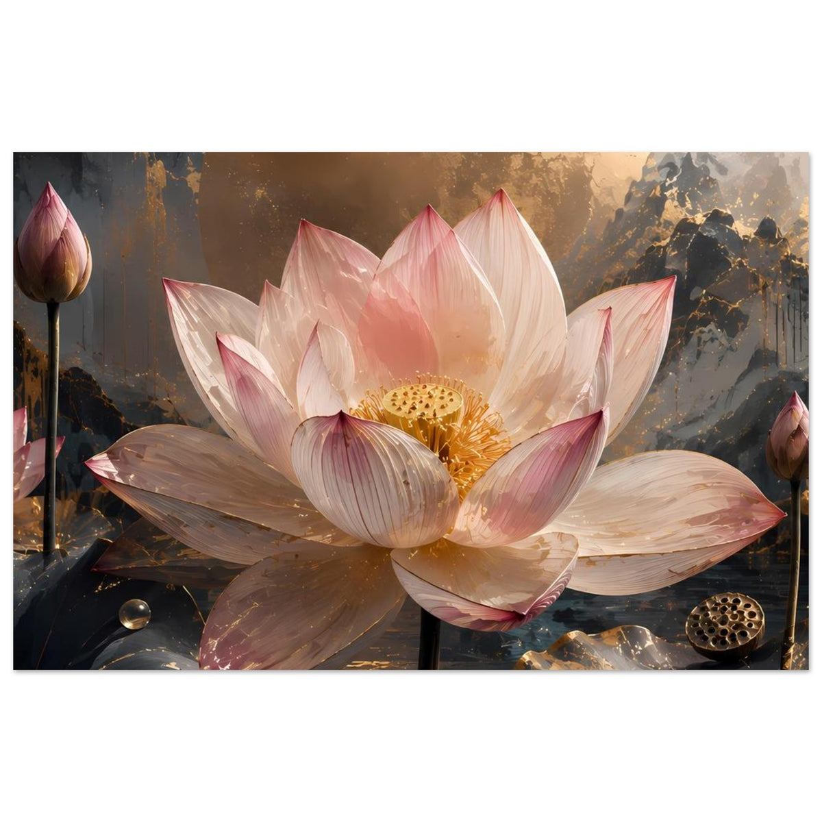 Poster mit großer rosa Lotusblüte, goldener Mitte, mehrere dunkle Blätter und seitliche Knospen