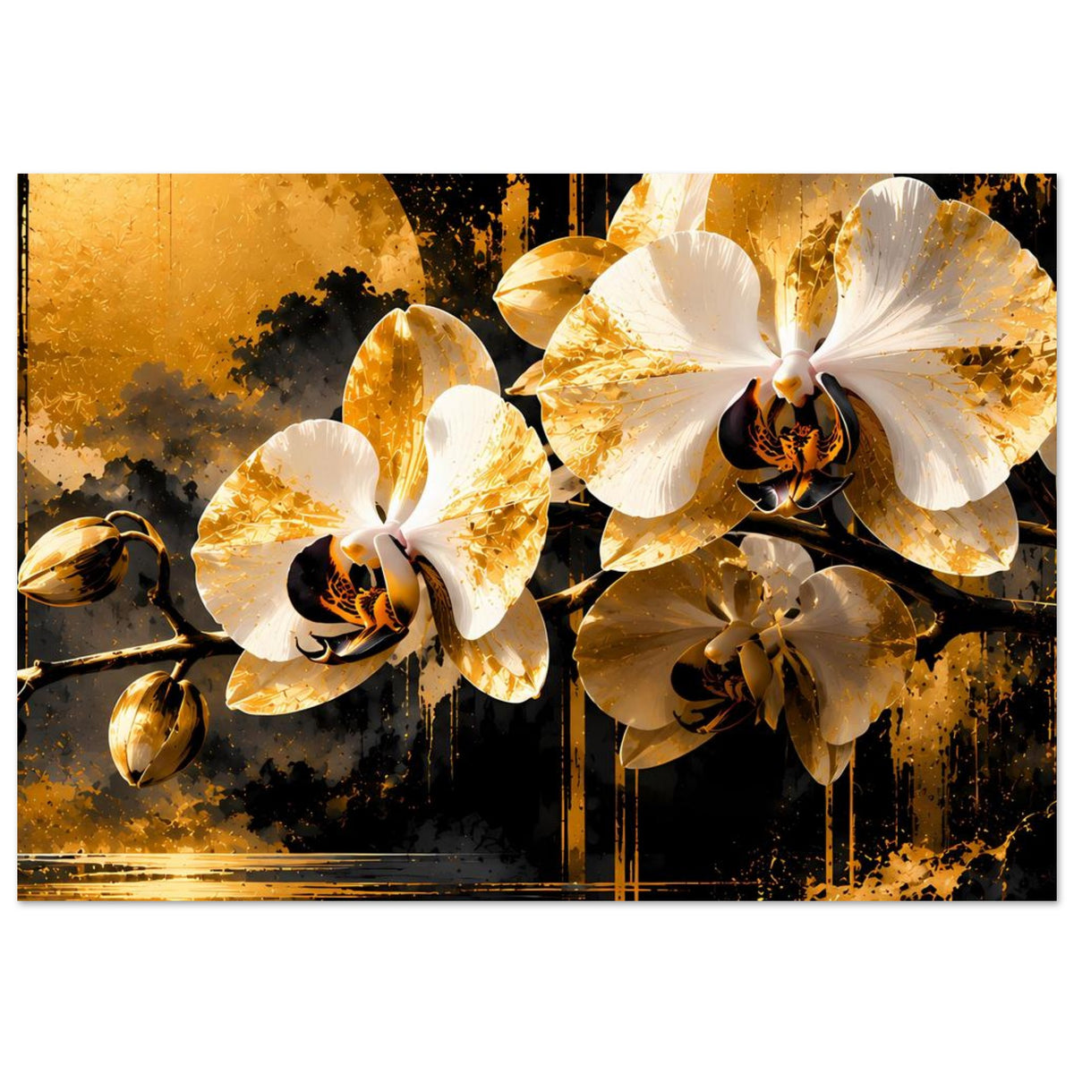 Breites Poster mit gold-weißen Orchideenblüten, schwarzen Details und goldenen Sprenkeln