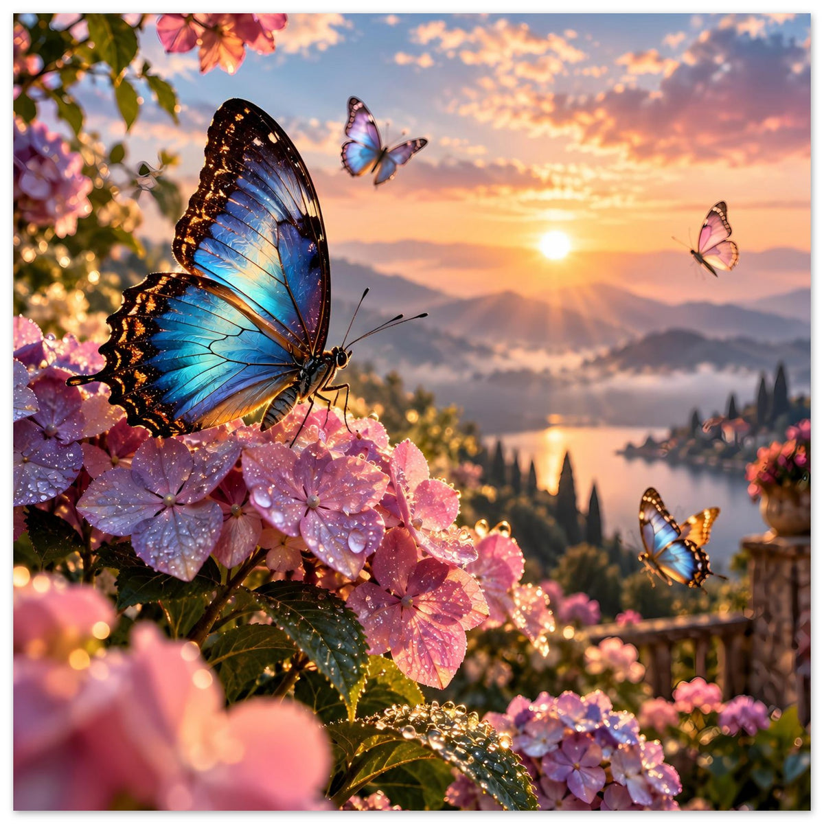 Querformat-Poster: blaue Schmetterlinge auf rosa Blüten bei Abendsonne