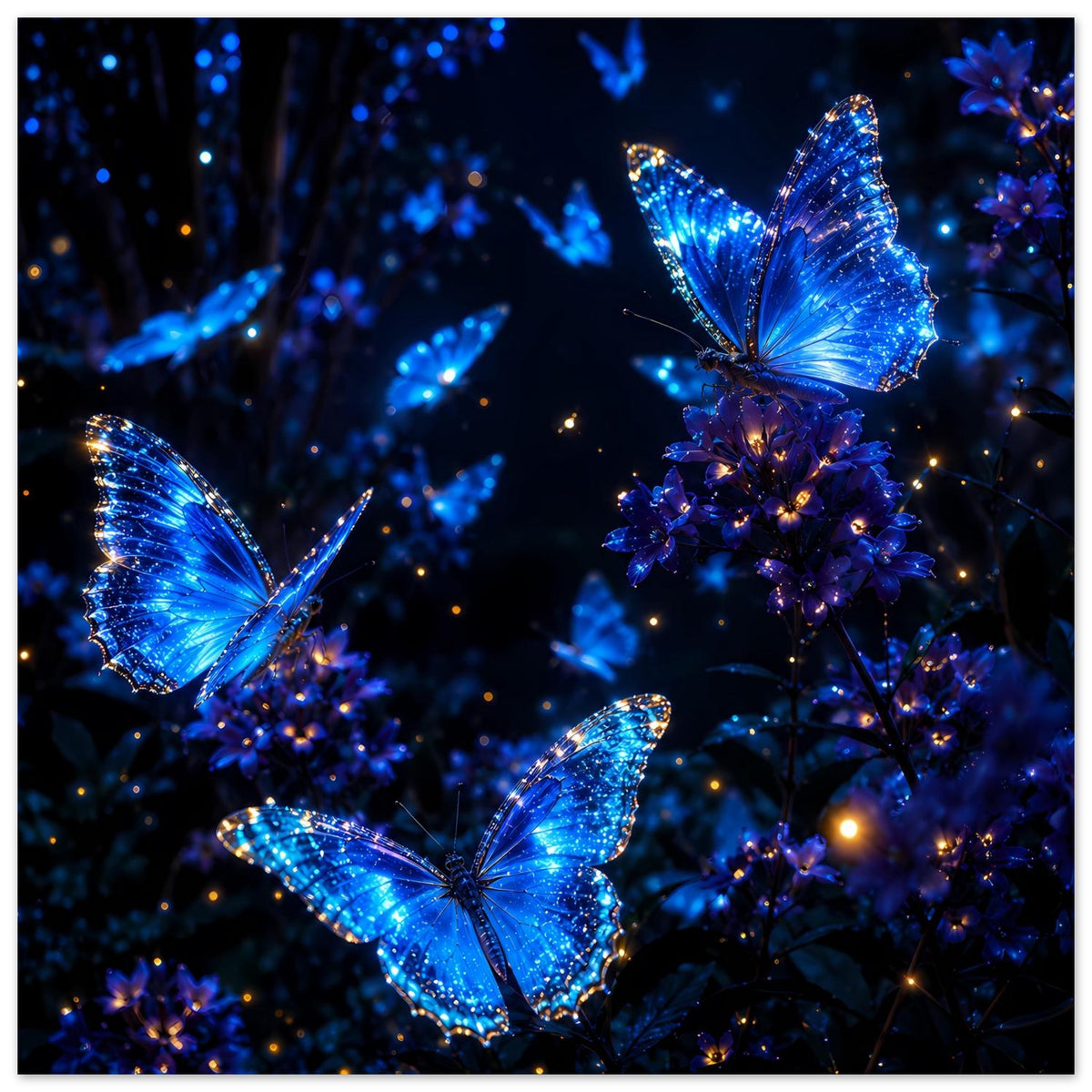 Leuchtendes Schmetterlingsposter mit großen blauen Schmetterlingen und vielen Lichtern