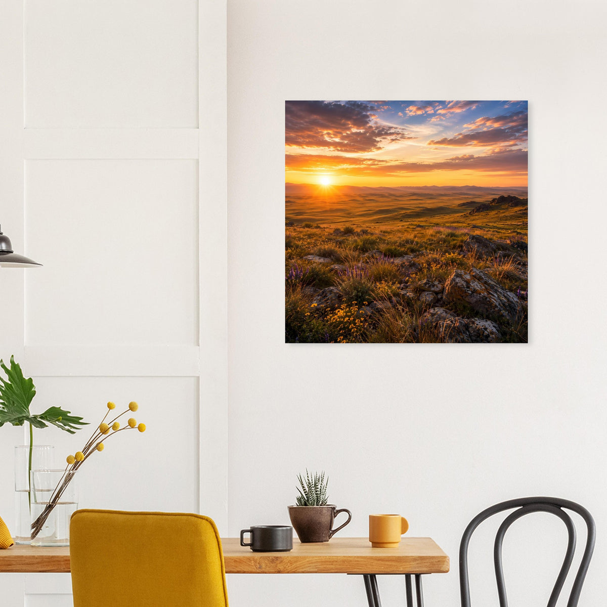 Quadratisches Poster mit goldenem Licht über Dünen und Gras, schwarzer Rahmen