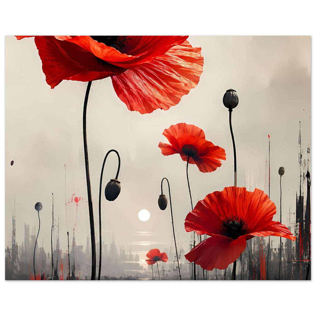 Poster mit roten Mohnblumen, großen Blüten, schwarzen Stielen und dunklen Kapseln