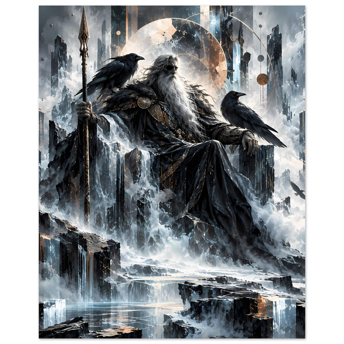 Mythologie-Poster (Hochformat) mit Odin, Speerarm links, Raben auf dem Thron