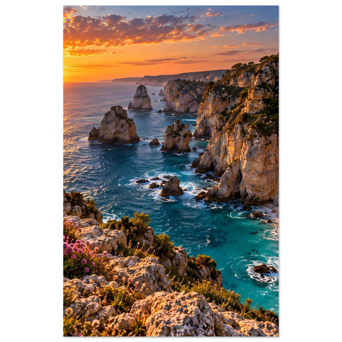 Hochkant-Küstenposter mit Sonnenuntergang, türkisfarbenem Meer und Steilküste