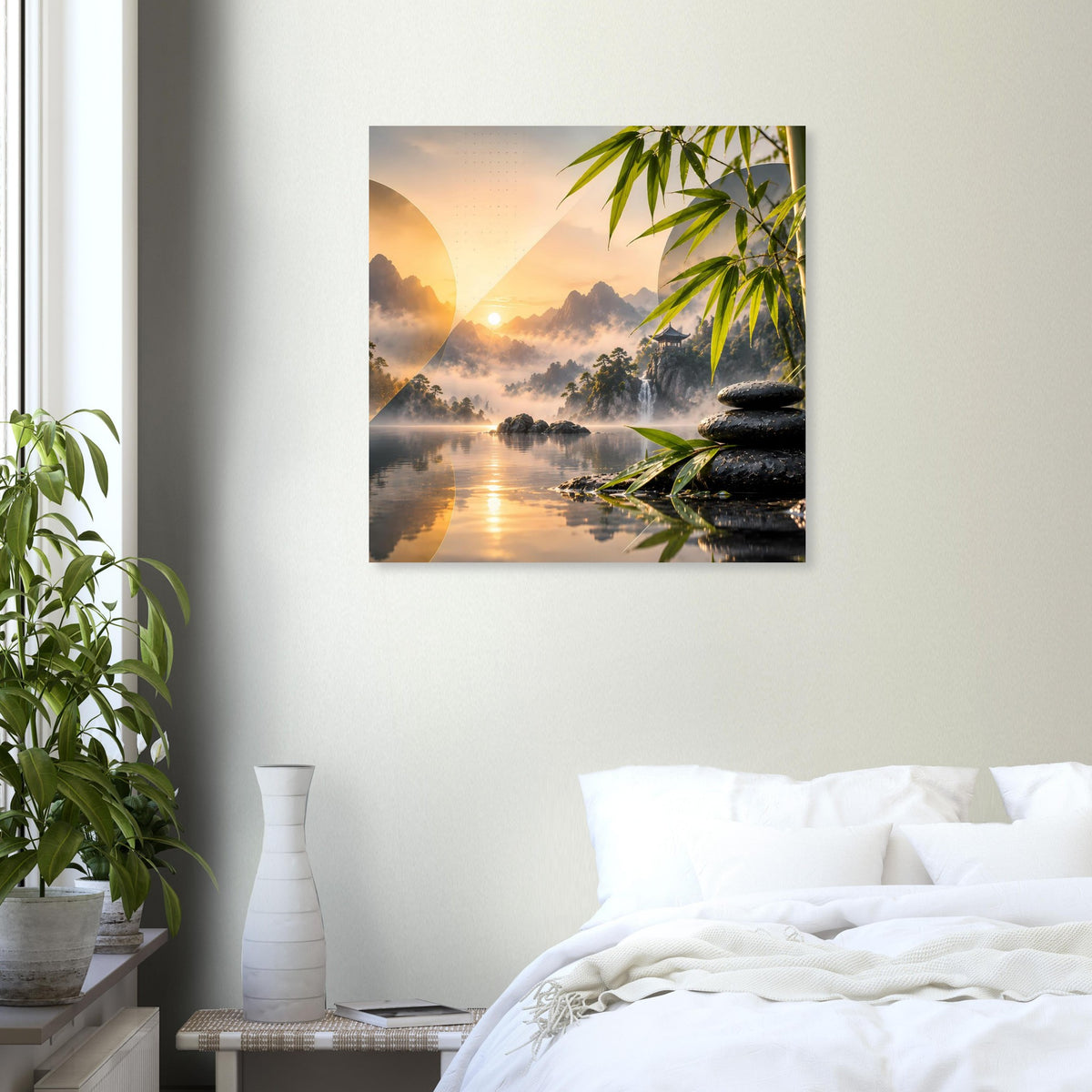 Zen-Bergsee-Poster mit Sonnenaufgang, Bambus und Steinstapel am ruhigen See