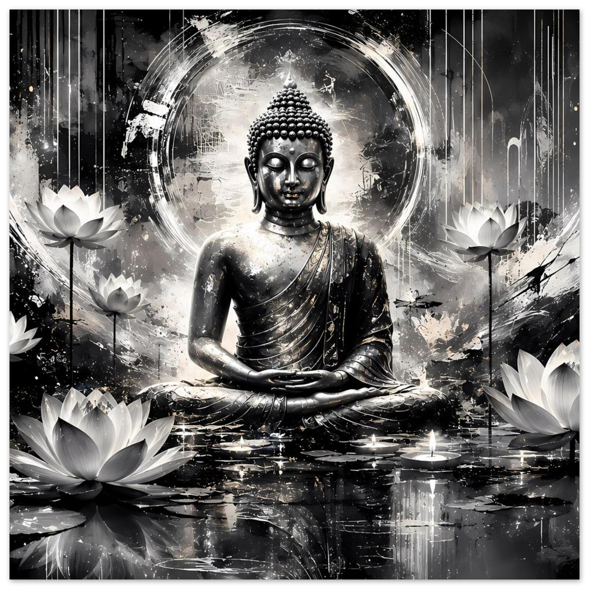 Schwarzweißes Buddha-Kunstposter mit kreisförmigem Licht und sitzendem Buddha