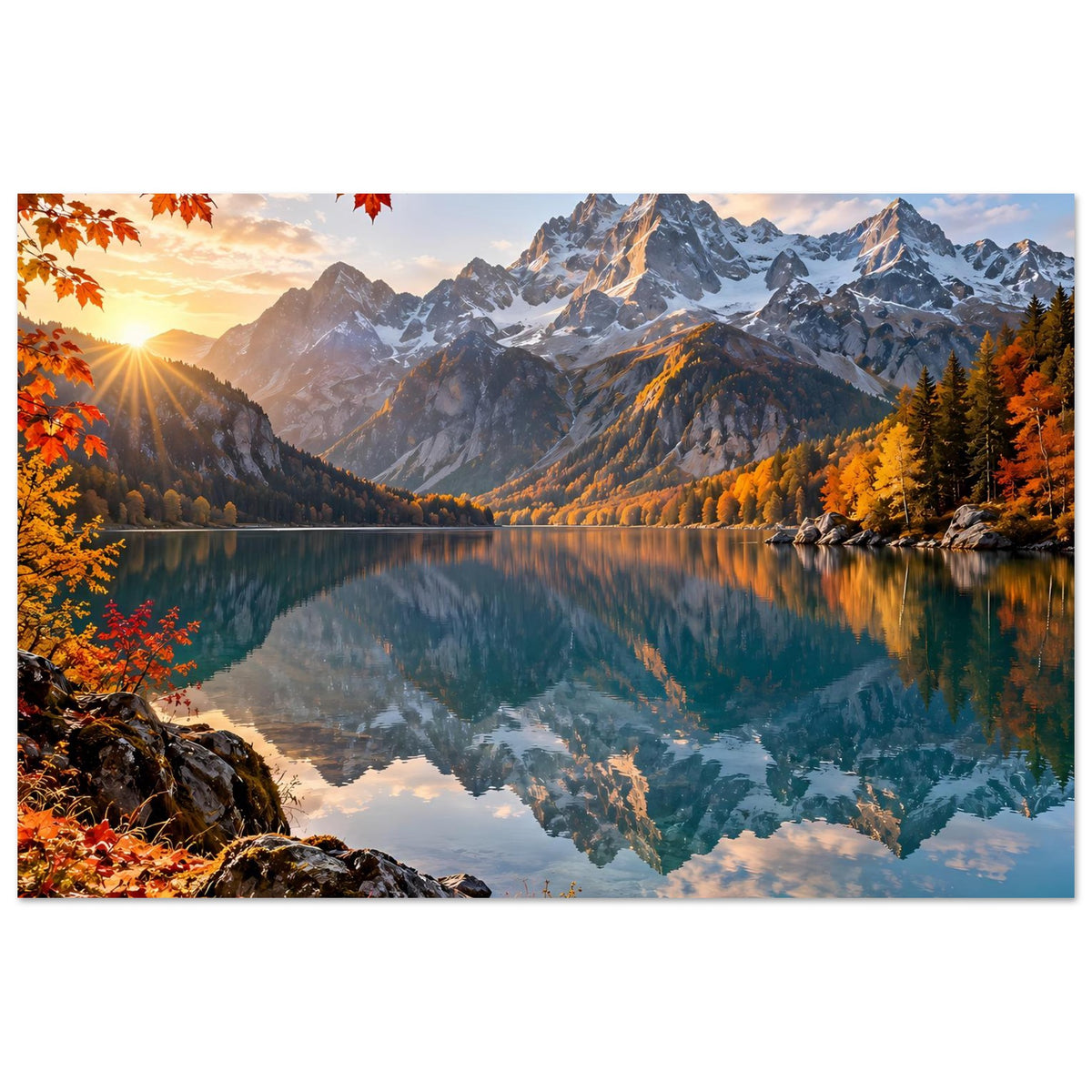 Wandposter im Querformat mit Bergsee, Tannenwald und orangen Herbstbäumen