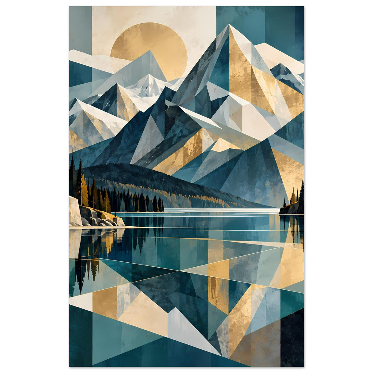Wandposter im Hochformat: geometrische Berge und See, Blau, Beige und Goldakzente