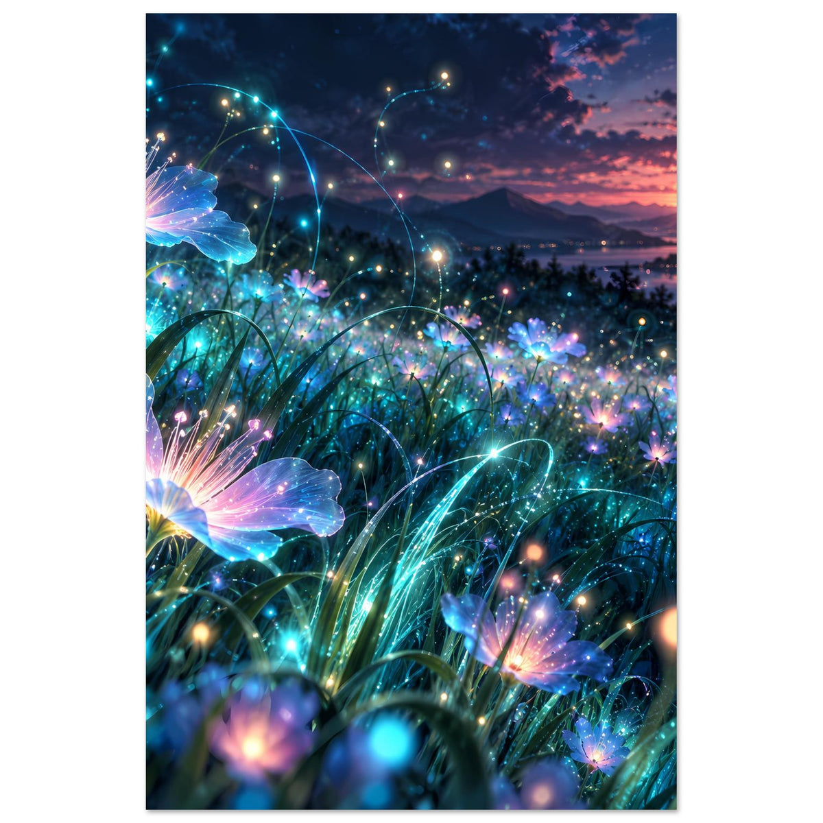 Vertikales Poster mit leuchtenden blauen Blumen und funkelnden Lichtpunkten im Rahmen