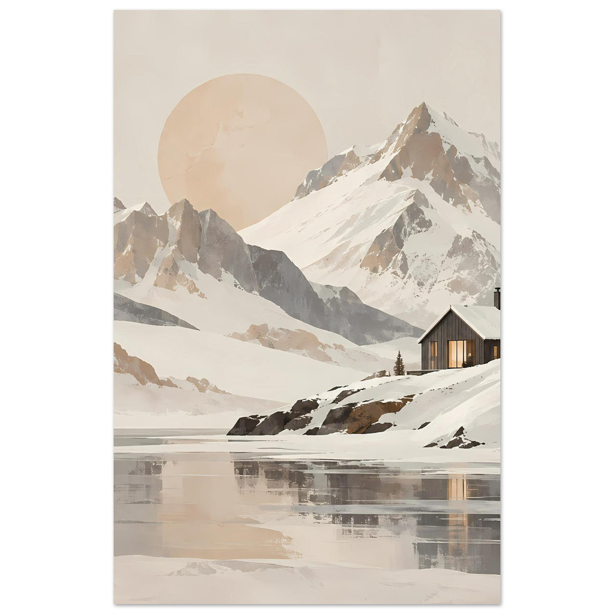 Wandposter im Hochformat: Bergpanorama mit Hütte, Tannen, rundem Kreis am Himmel und See