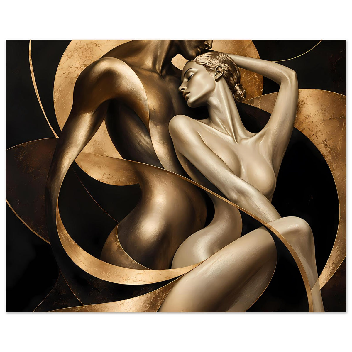 Kunstposter: goldene Bronzefiguren in geschwungenen Formen, zwei Akte, schwarzer Rahmen
