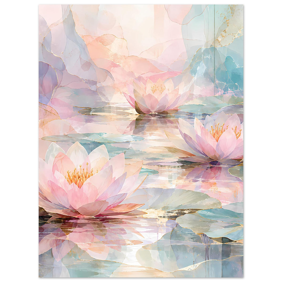Floralposter mit Seerosen auf ruhigem Wasser in Pastelltönen, Hochformat