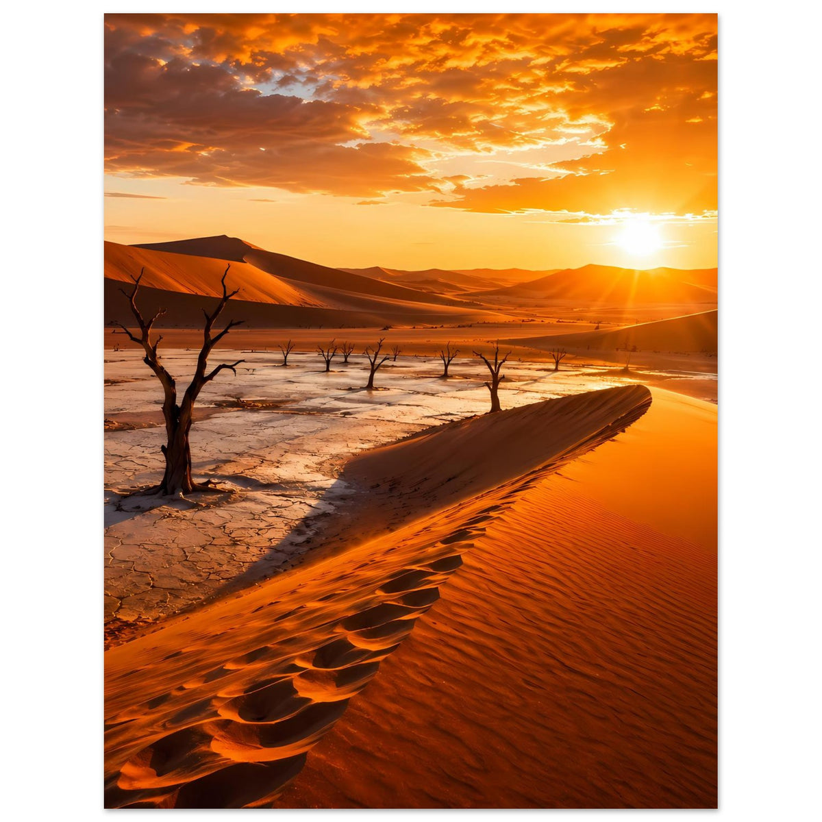 Poster mit Wüstenlandschaft: orangefarbenes Abendlicht, Sandwellen und mehrere kahle Bäume
