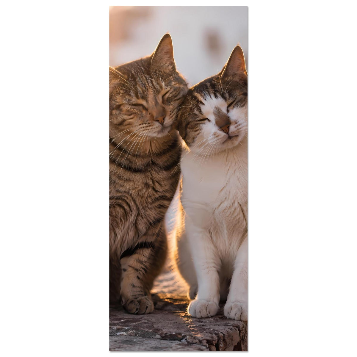 Vertikales Poster: zwei kuschelnde Katzen, grau getigert links und weiß rechts