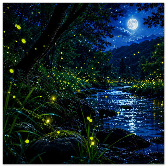 Nachtwald-Poster mit leuchtenden Glühwürmchen am Fluss und hellem Mond