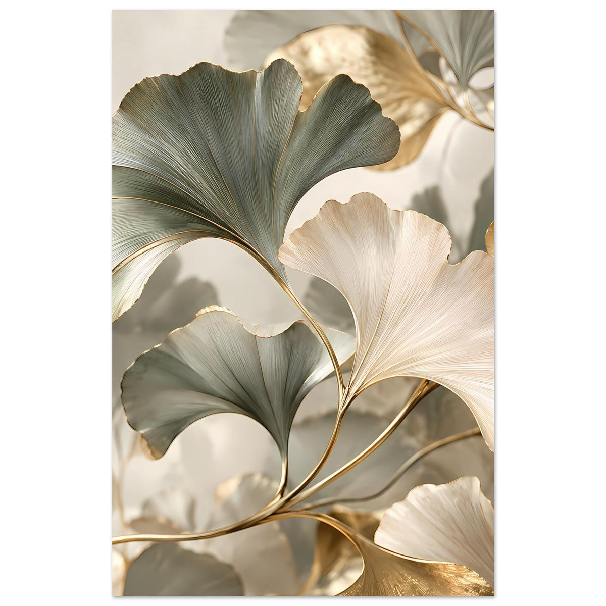 Hochkant-Poster mit Ginkgo-Blättern in Grau-Grün und Creme, goldene Adern und Linien