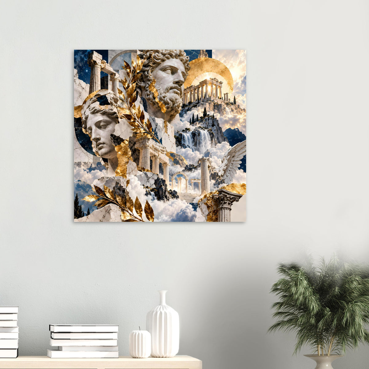 Quadratisches Poster mit Mythologie-Collage: antike Köpfe, Wasserfall-Landschaft und goldene Details