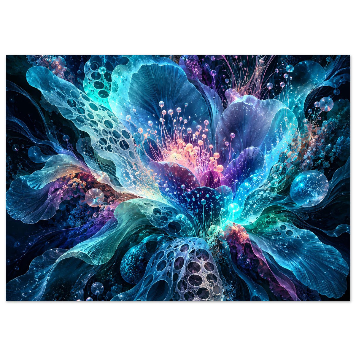 Leuchtendes Blumenposter mit abstraktem Blütenmotiv, Blau- und Violettverlauf und Lichtpunkten