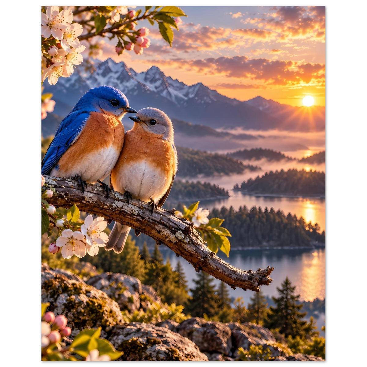 Poster mit zwei Vögeln auf Ast, Blüten links, Sonnenuntergang über Bergsee