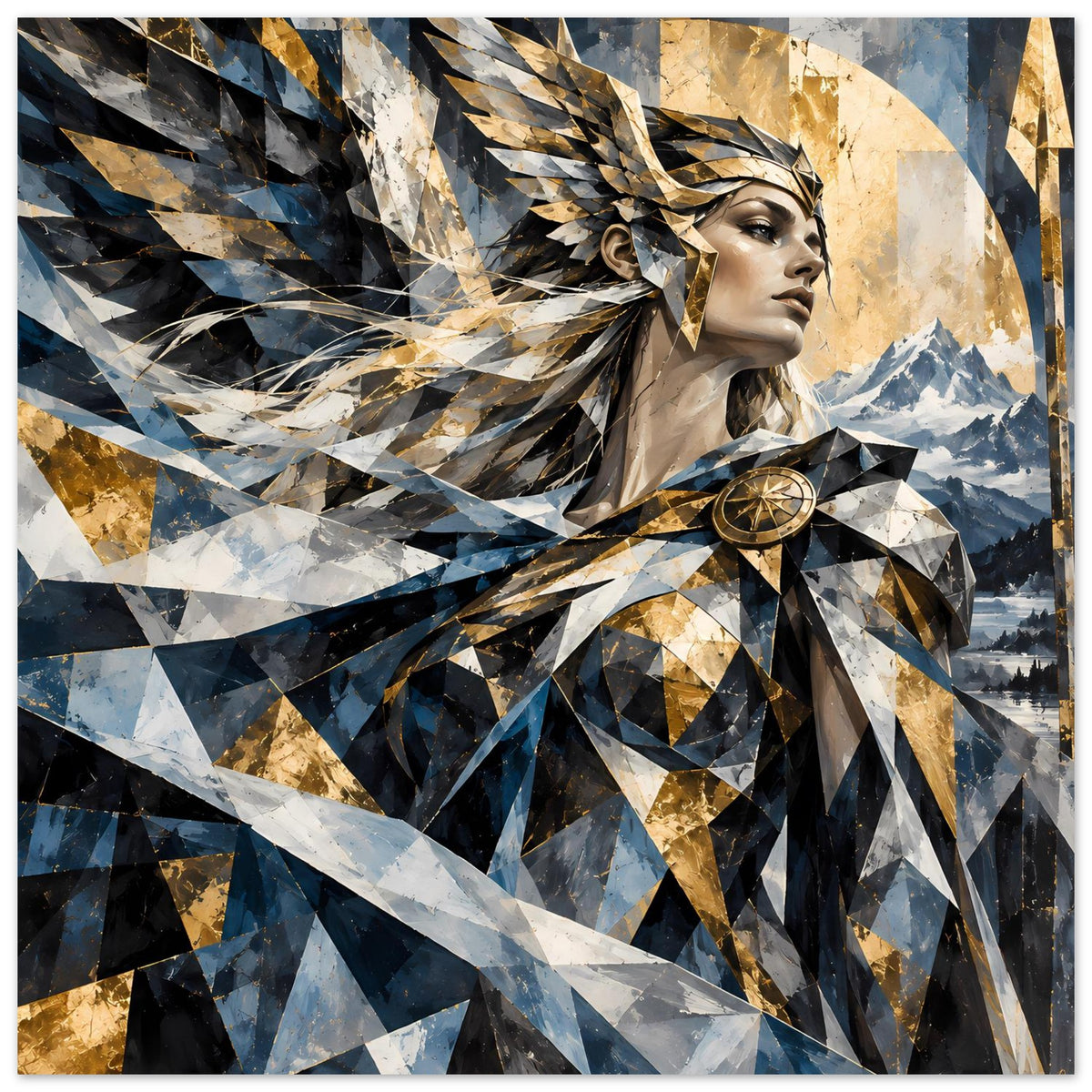 Geometrisches Poster mit Frauenprofil, geometrischen Dreiecken und Kompass-Emblem in Gold