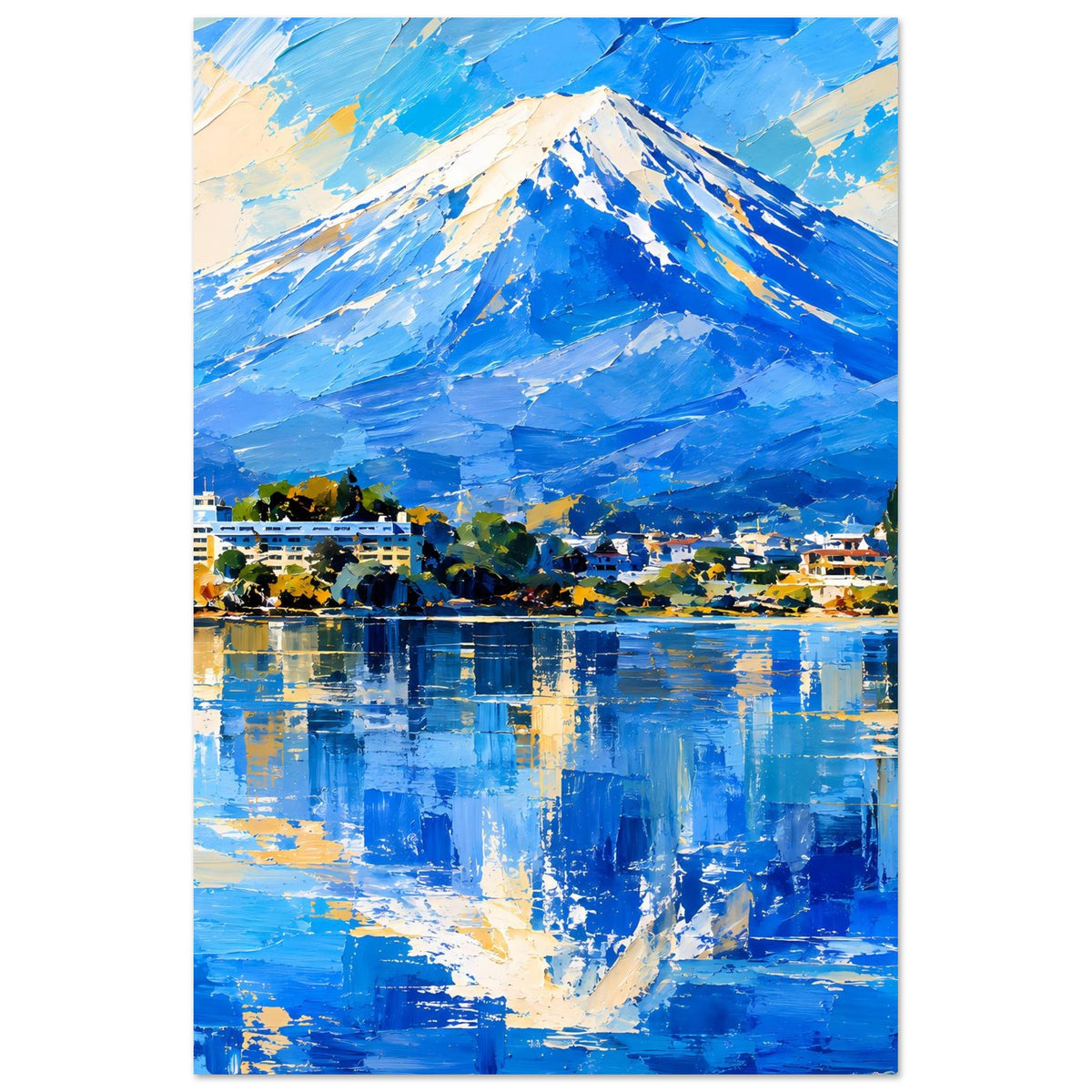 Berglandschaftsposter mit weißem Rand: blauer Berg, Häuser am Ufer und Reflexion im See.