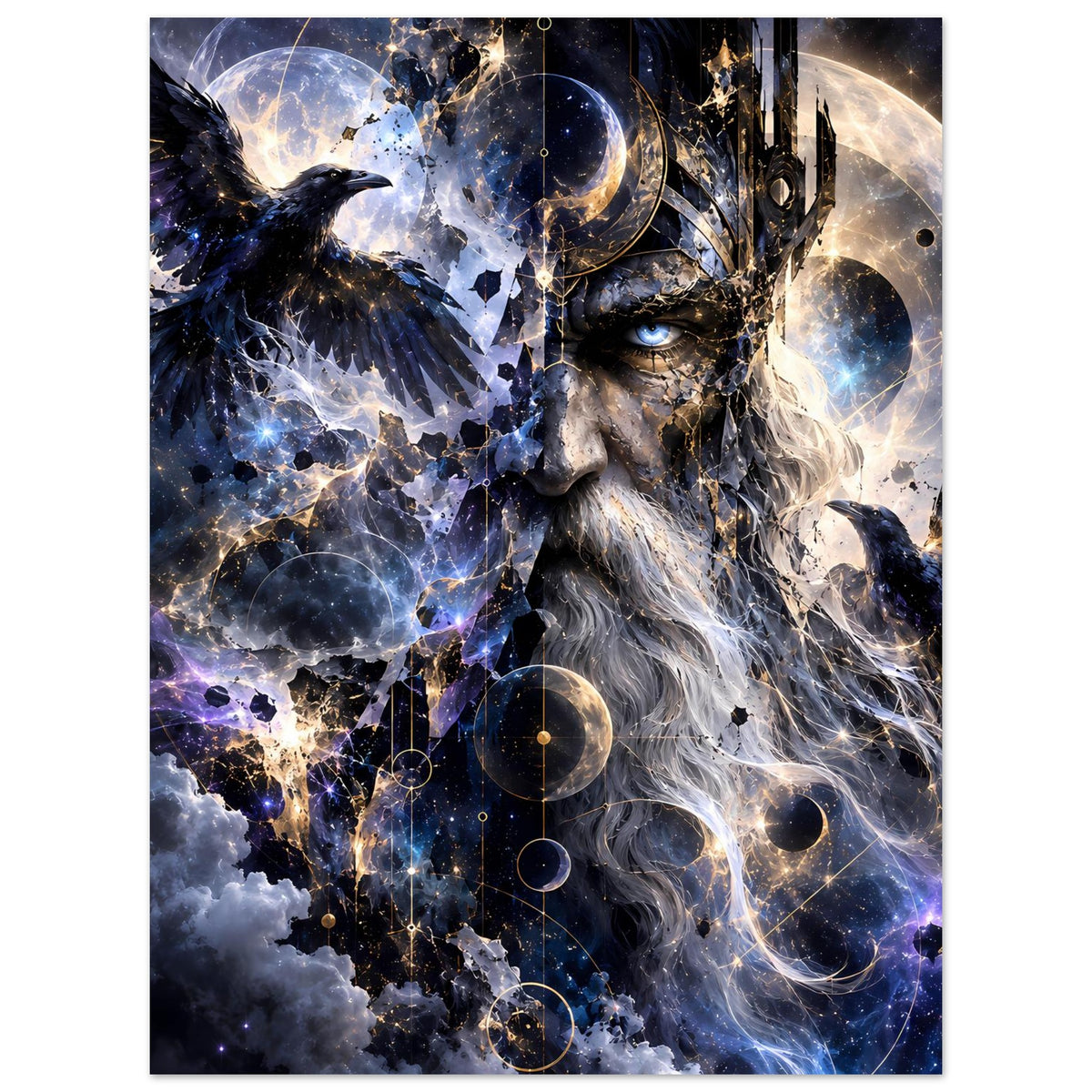 Fantasy-Poster im Hochformat mit König, Rabe und leuchtenden Sternen