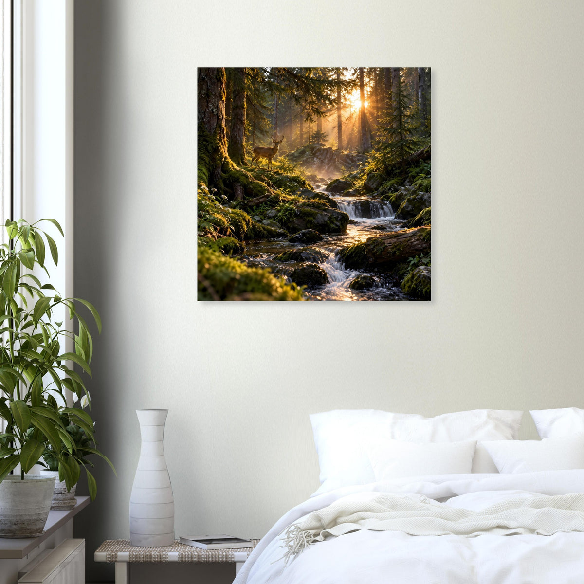 Quadratisches Wandposter mit Bach im Wald, strahlendes Licht zwischen den Bäumen