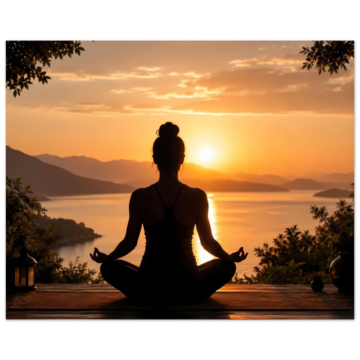 Meditationsposter im Querformat: Silhouette einer meditierenden Person vor orangefarbenem Himmel