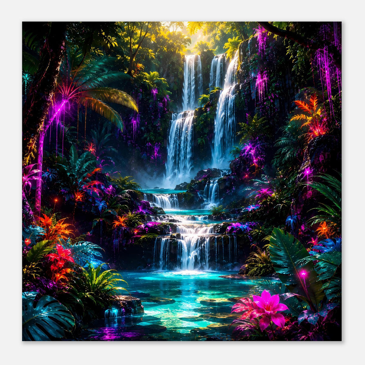 Quadratisches Poster: leuchtender Tropenwasserfall im Regenwald, pinke Blüte unten rechts