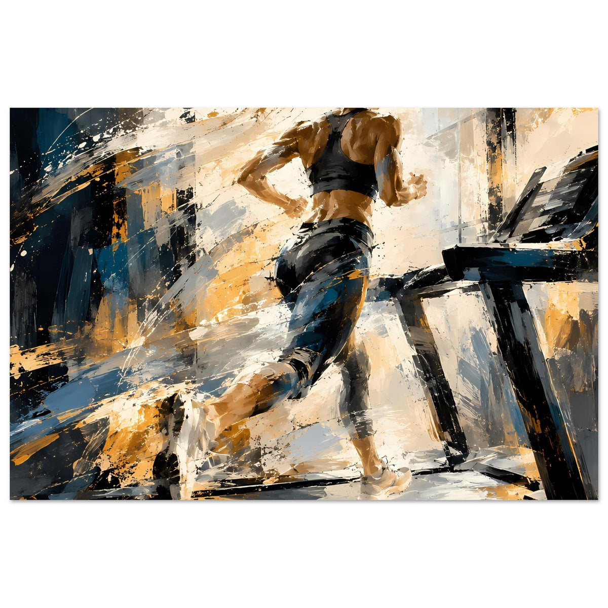 Lauf-Poster mit abstrakter Läuferin, schwarze Leggings und Top, Blau- und Goldspritzer