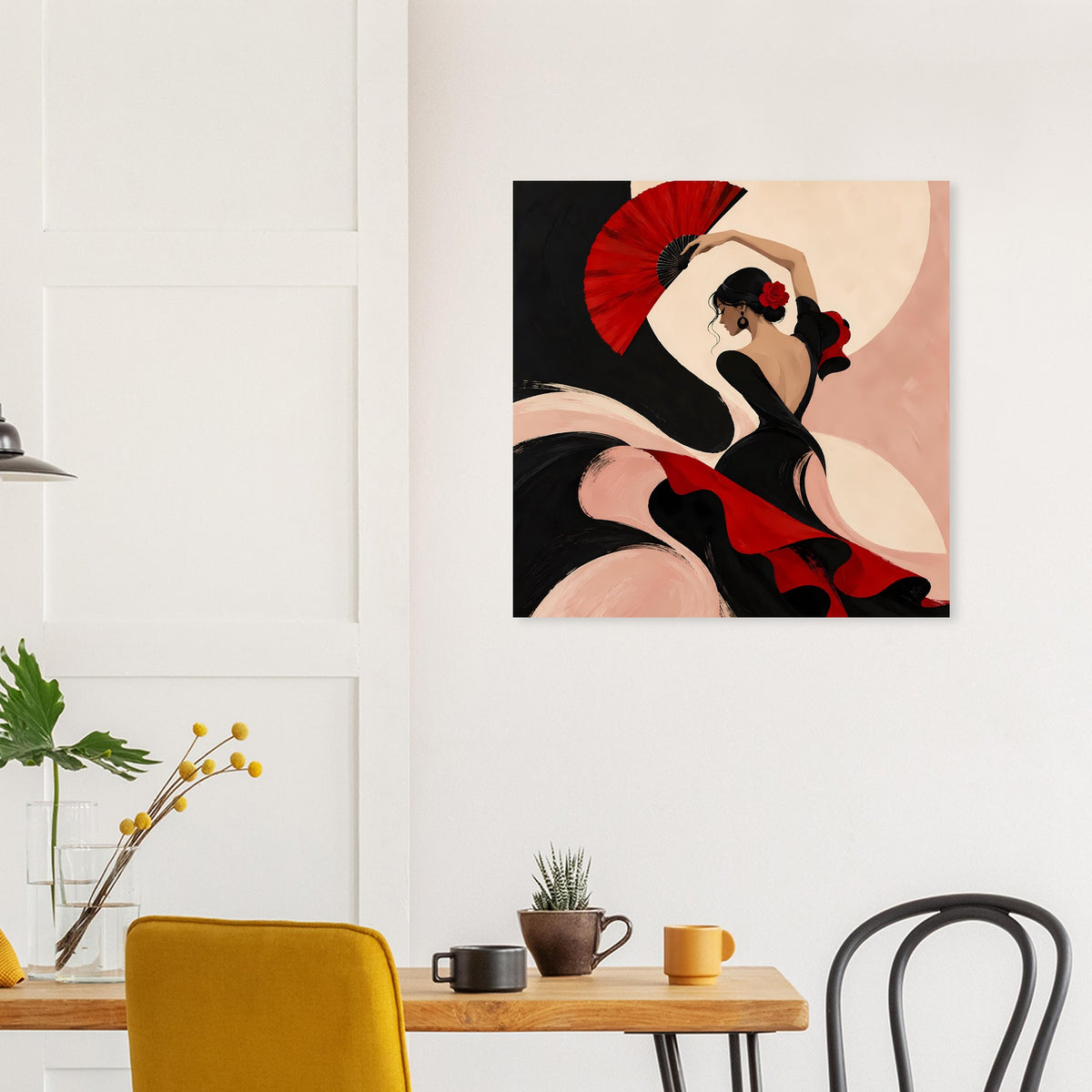 Poster mit Flamenco-Tänzerin, schwarzer Rock mit roten Streifen, roter Fächer.
