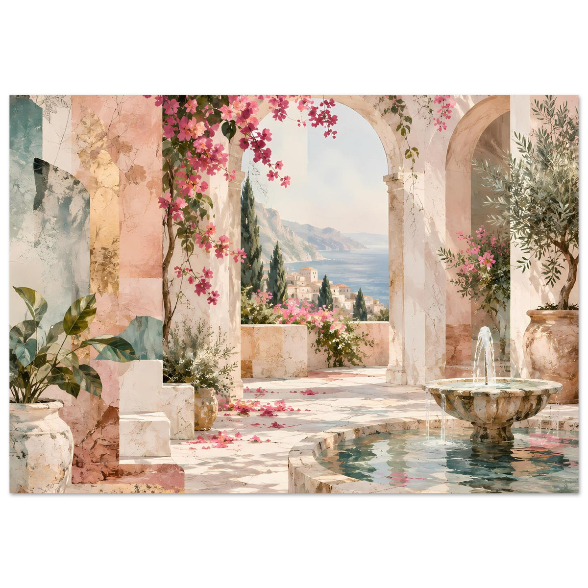 Kunstposter: mediterrane Terrasse mit Arkaden, rosa Blüten und Springbrunnenbecken