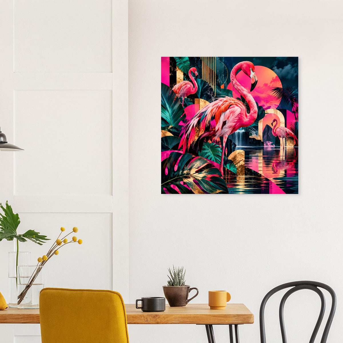 Poster mit Flamingos in Pink und Rot, tropische Blätter im Neon-Look