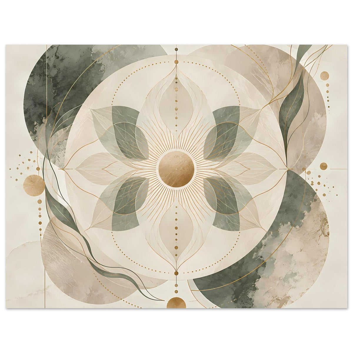 Zen-Poster: Mandala in Beige und Grün mit goldenen Linien, zarter Kreisring