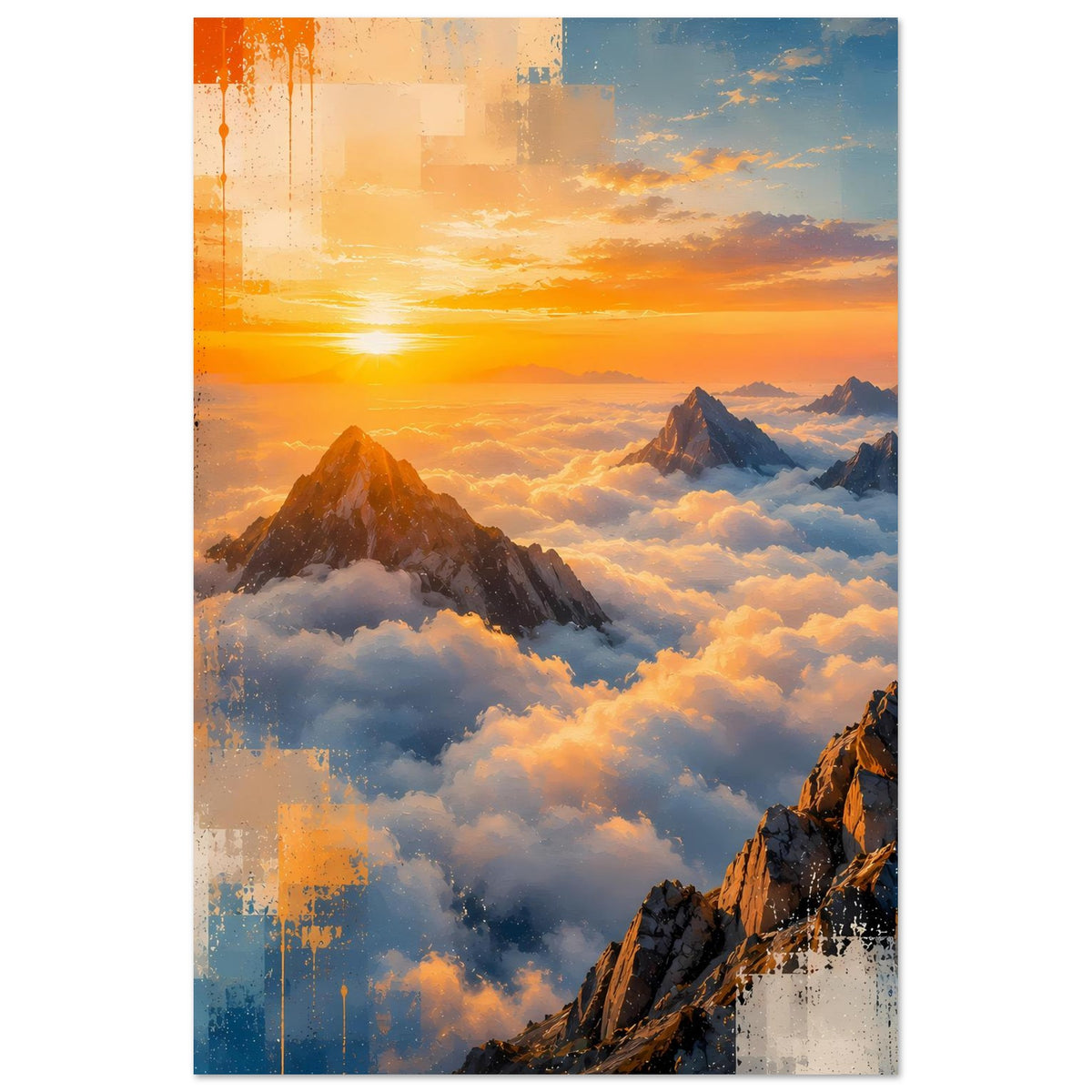 Naturposter im Hochformat mit Sonnenaufgang, Bergen und Wolken, kräftige Farbakzente