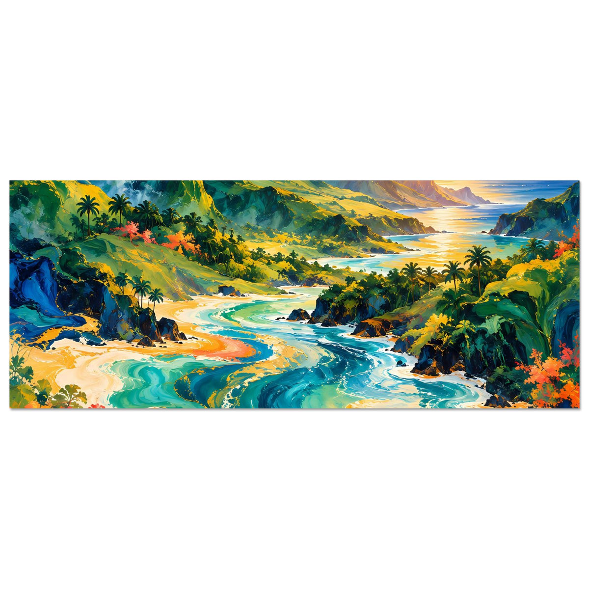 Horizontales Tropen-Poster: Sonnenuntergang über Küste mit Palmen und Fluss