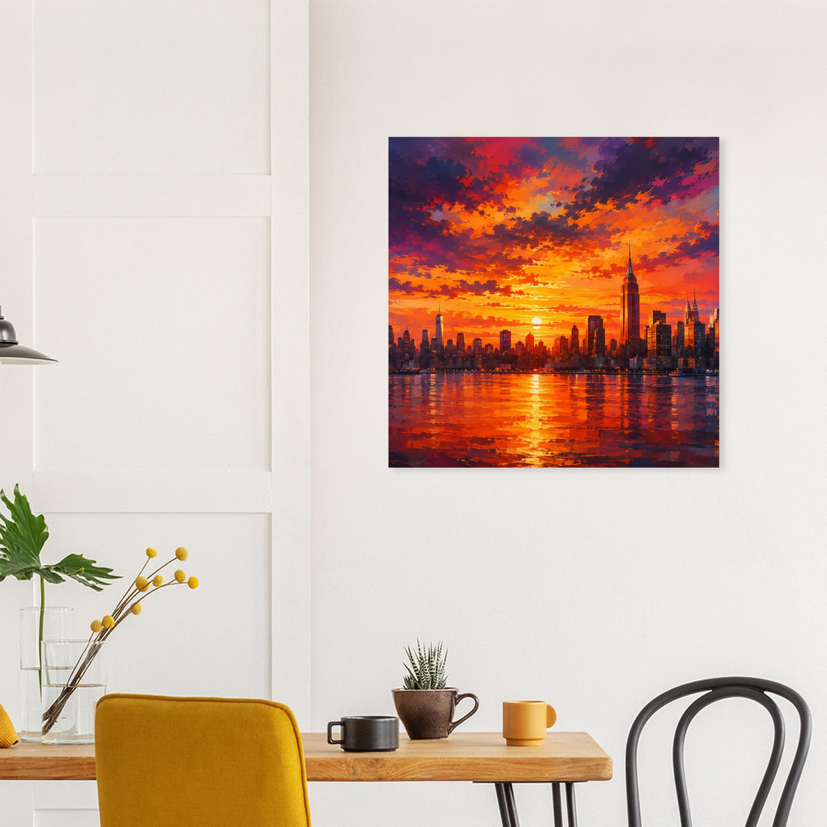 Quadratisches Poster mit Sonnenuntergang über Fluss, dunkler Skyline und reflektierendem Wasser, Rahmen