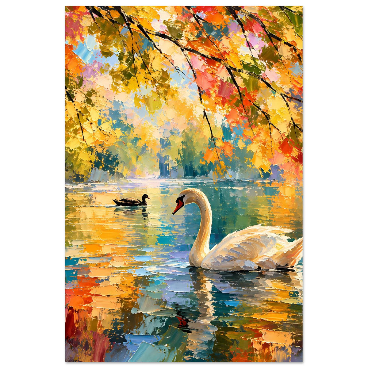 Poster: weißer Schwan auf dem See mit bunten Pinselstrichen und Herbstlaub, Hochformat