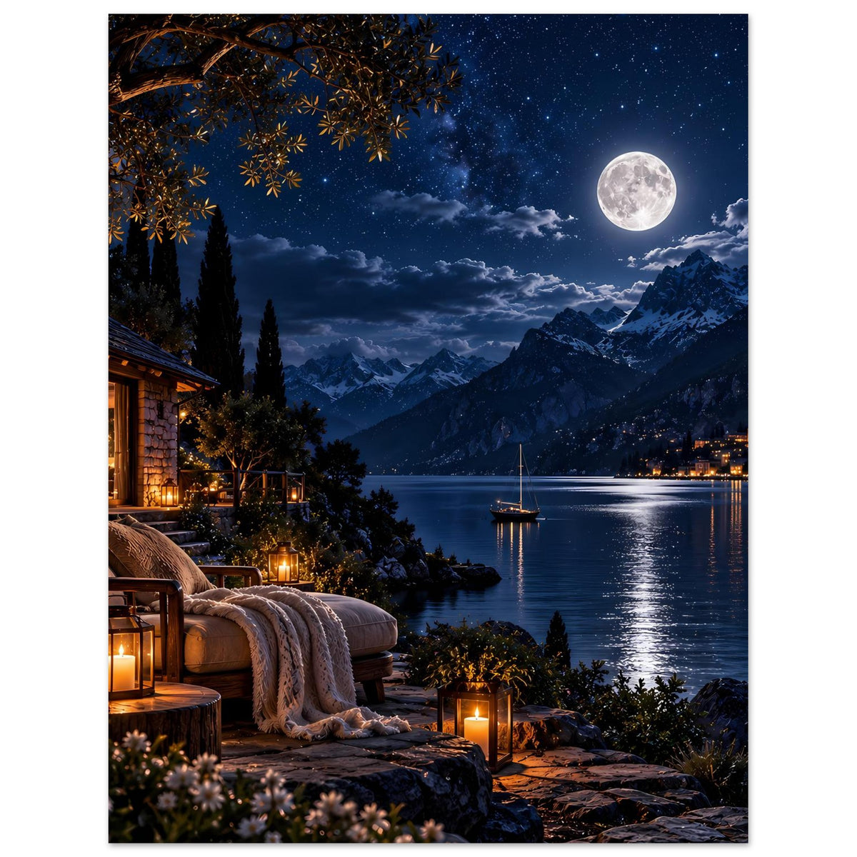 Poster mit Vollmond über Berglandschaft und See, mit Lichtern am Ufer und Kerzenbänken
