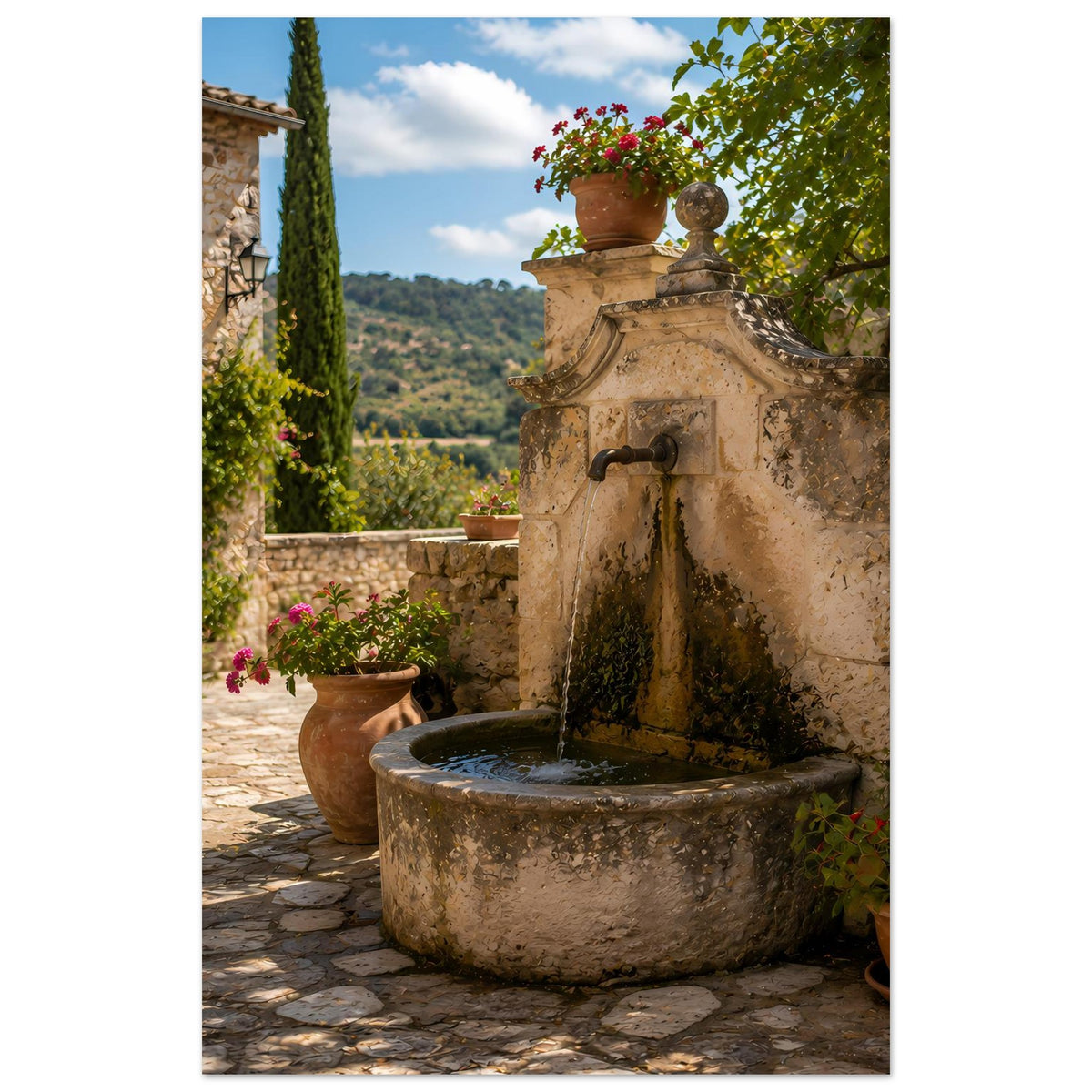 Steinbrunnen-Poster im Hochformat: Natursteinbrunnen mit fließendem Wasser und großem Becken