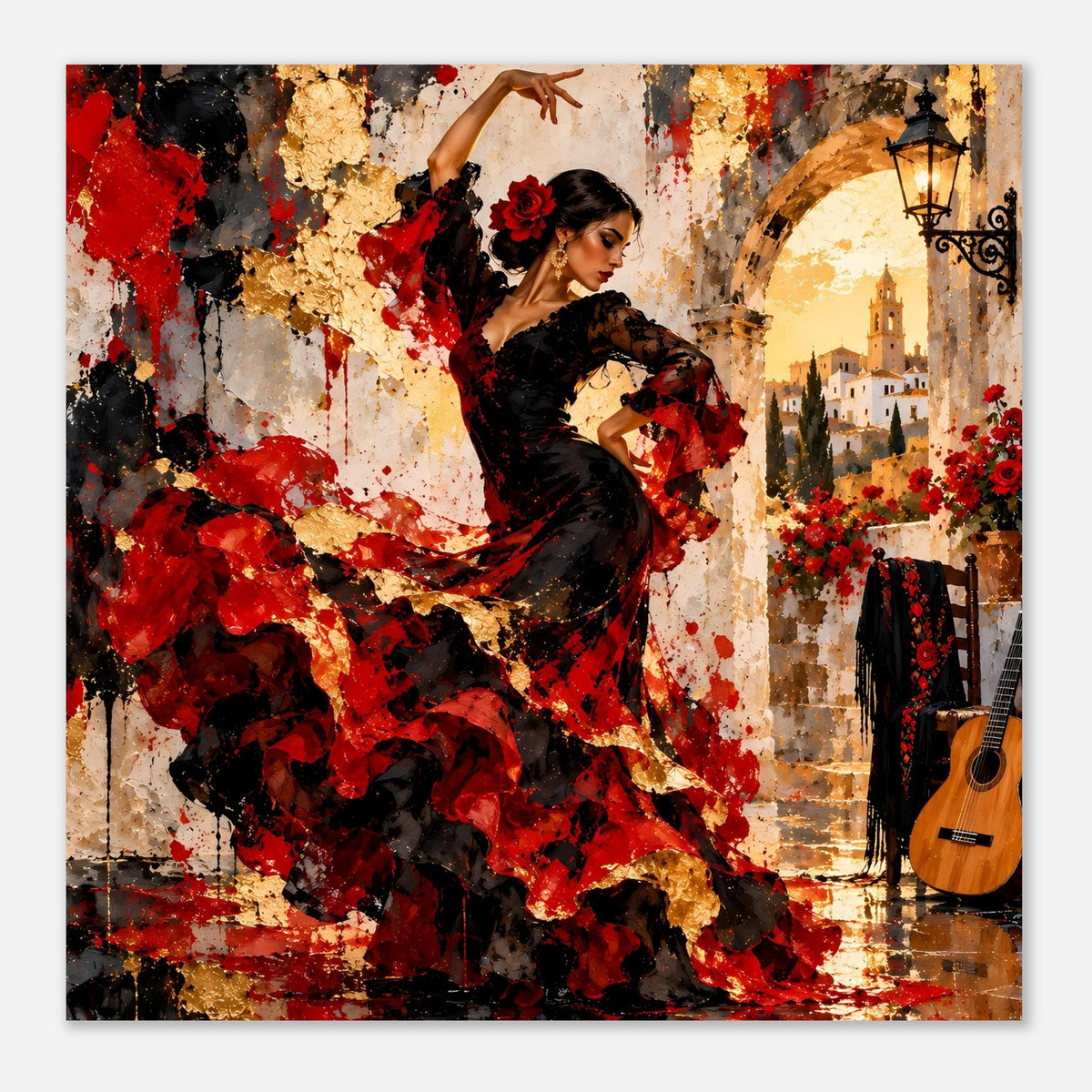 Poster mit Flamenco-Tänzerin in Schwarz, Arm erhoben; rote Spritzmuster und Gitarre im Motiv