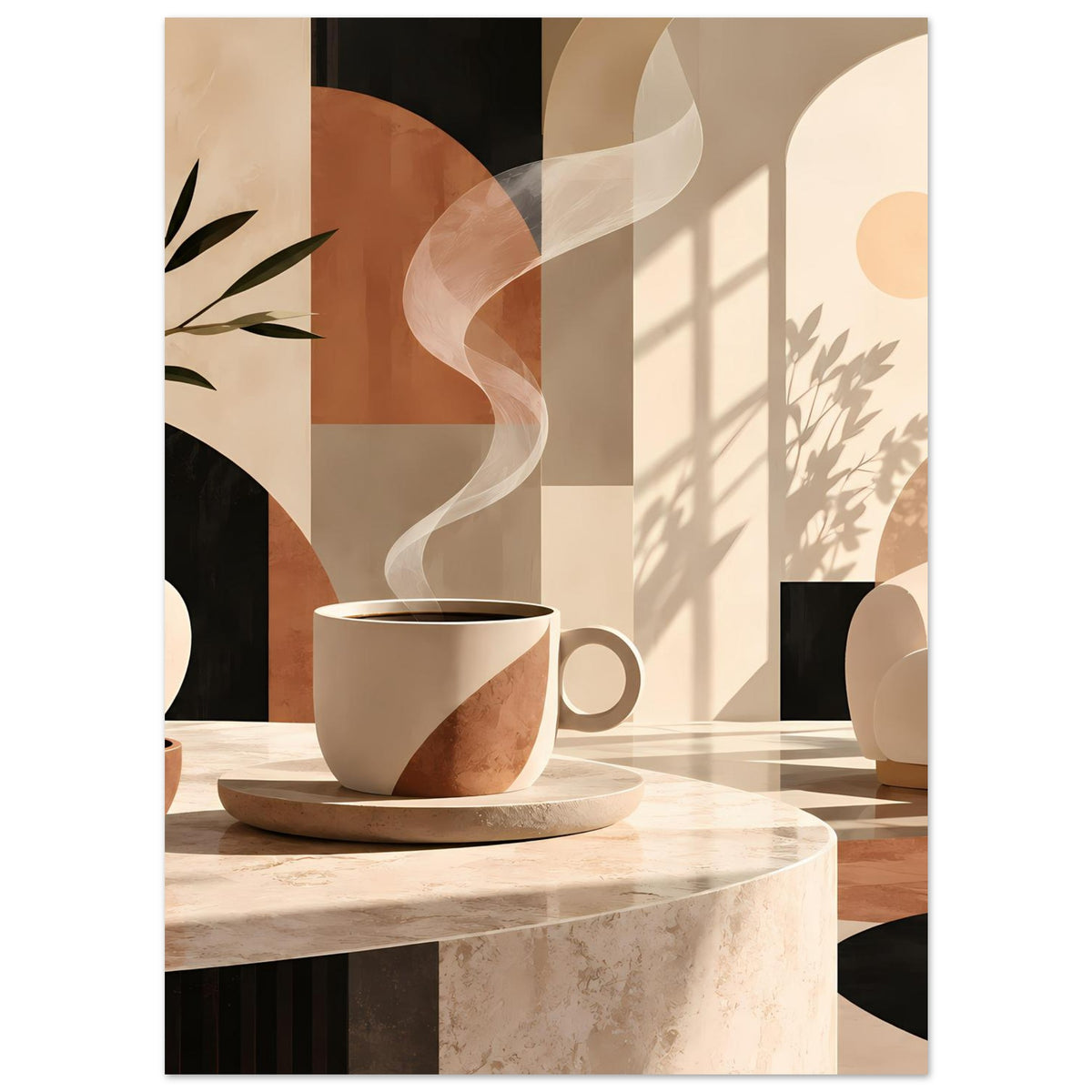 Poster mit warmen Erdtönen: Tasse auf Tisch, florale Blätter links, geometrische Formen