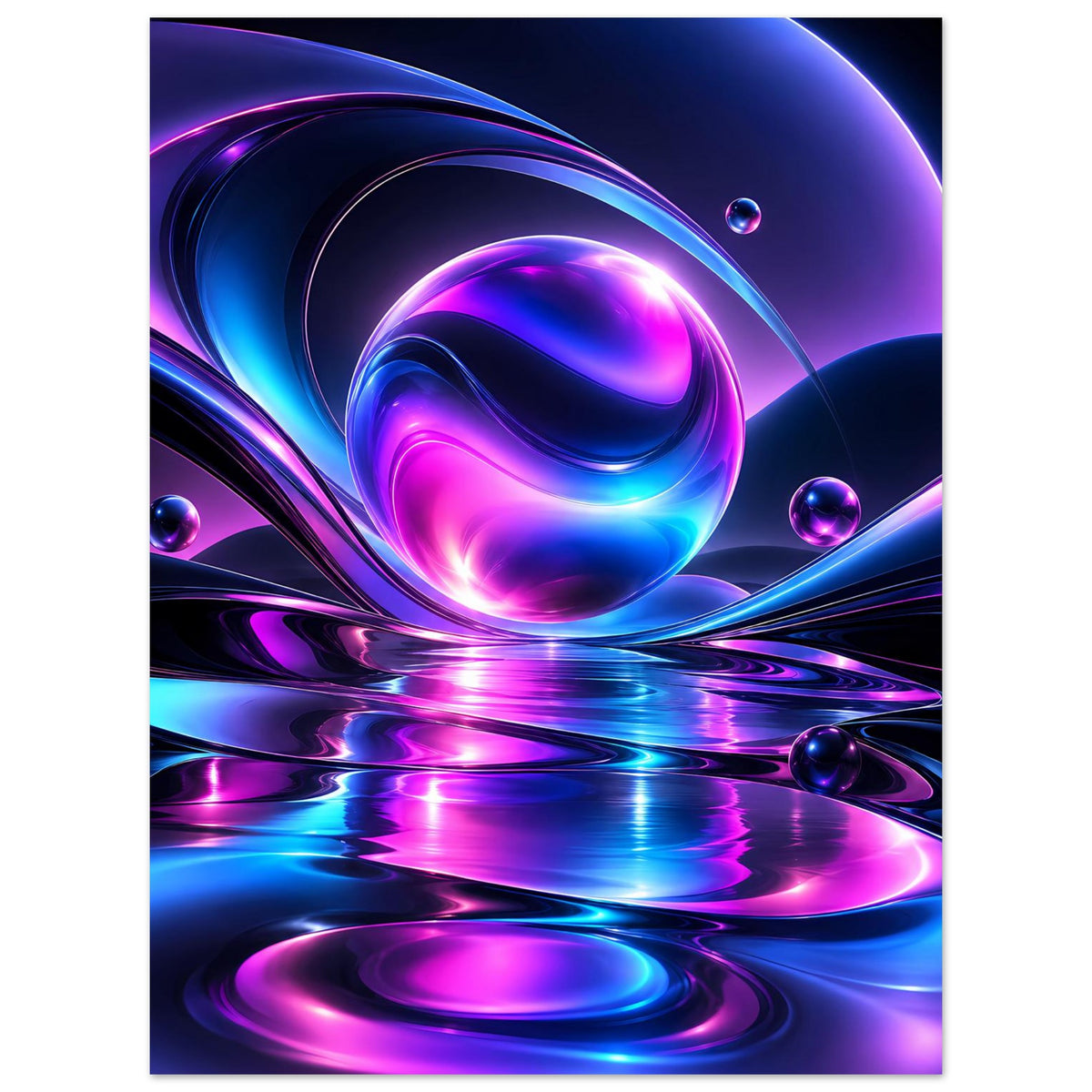 Abstraktes Neon-Poster: violette und blaue Wirbelkugeln mit spiegelnden Lichtreflexen