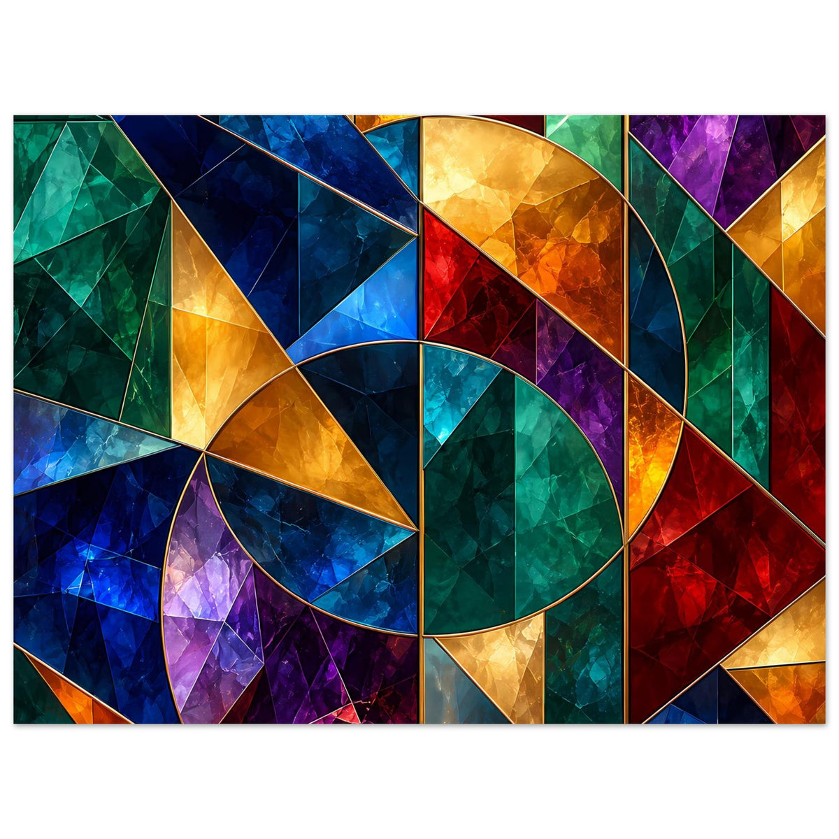 Ausschnitt eines geometrischen Buntglasposters mit Kreis, Dreiecken und Farbverläufen