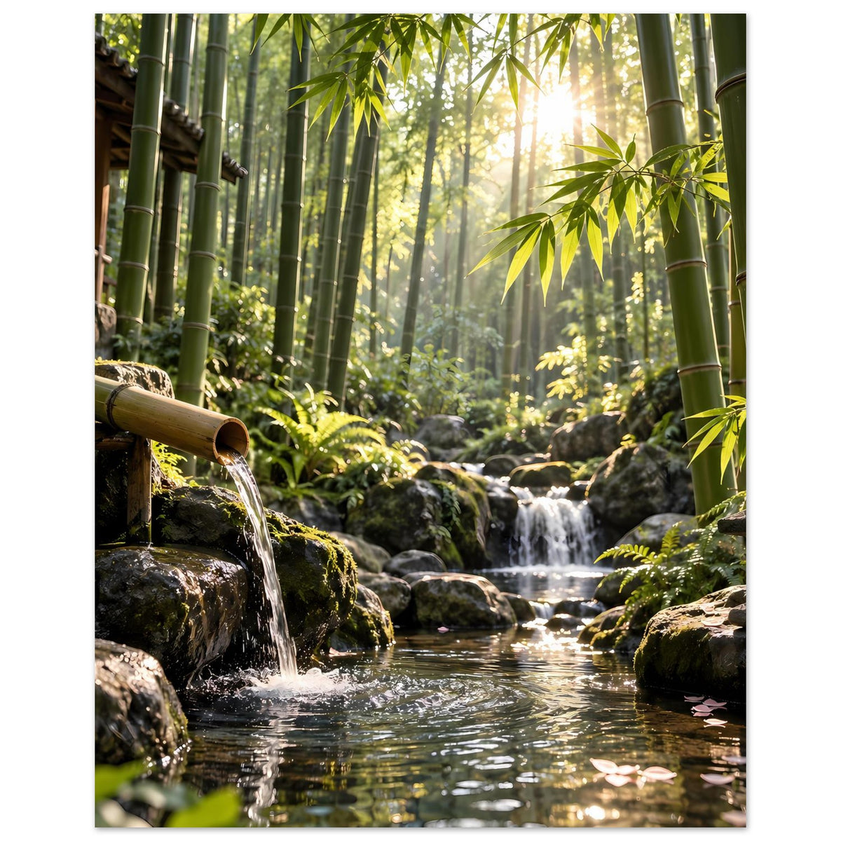 Vertikales Poster mit Wasserfall zwischen Bambusstämmen, Steine mit Moos und Blättern