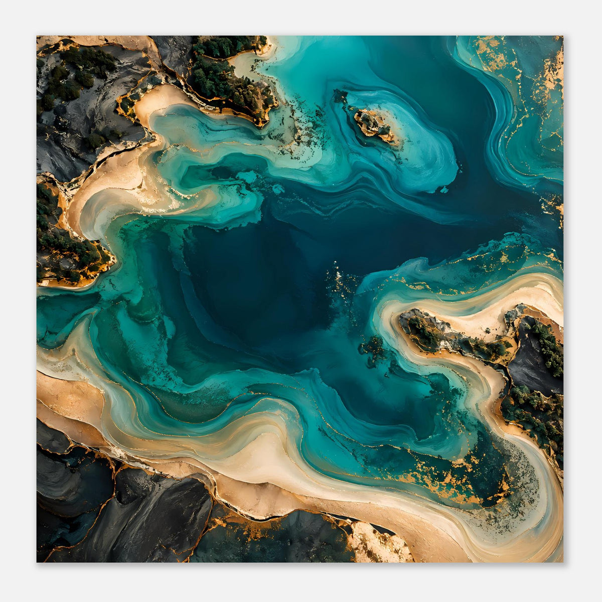 Ozeanposter mit abstrakten Wasserflächen und goldbeigen Inseln in Blau und Türkis
