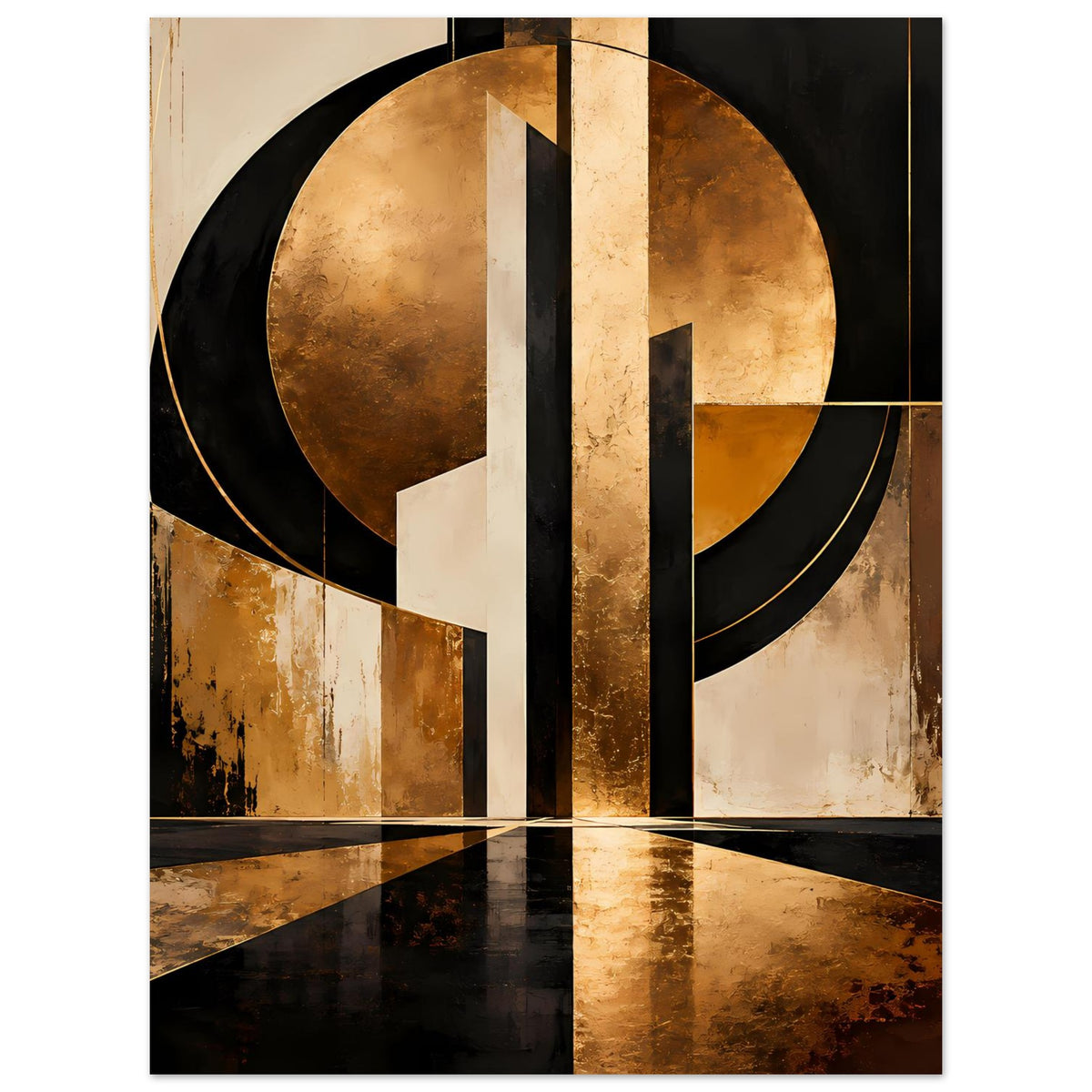 Abstraktes Poster mit rundem Goldmotiv, schwarzen Bögen, hellen Streifen und rechteckigen Flächen