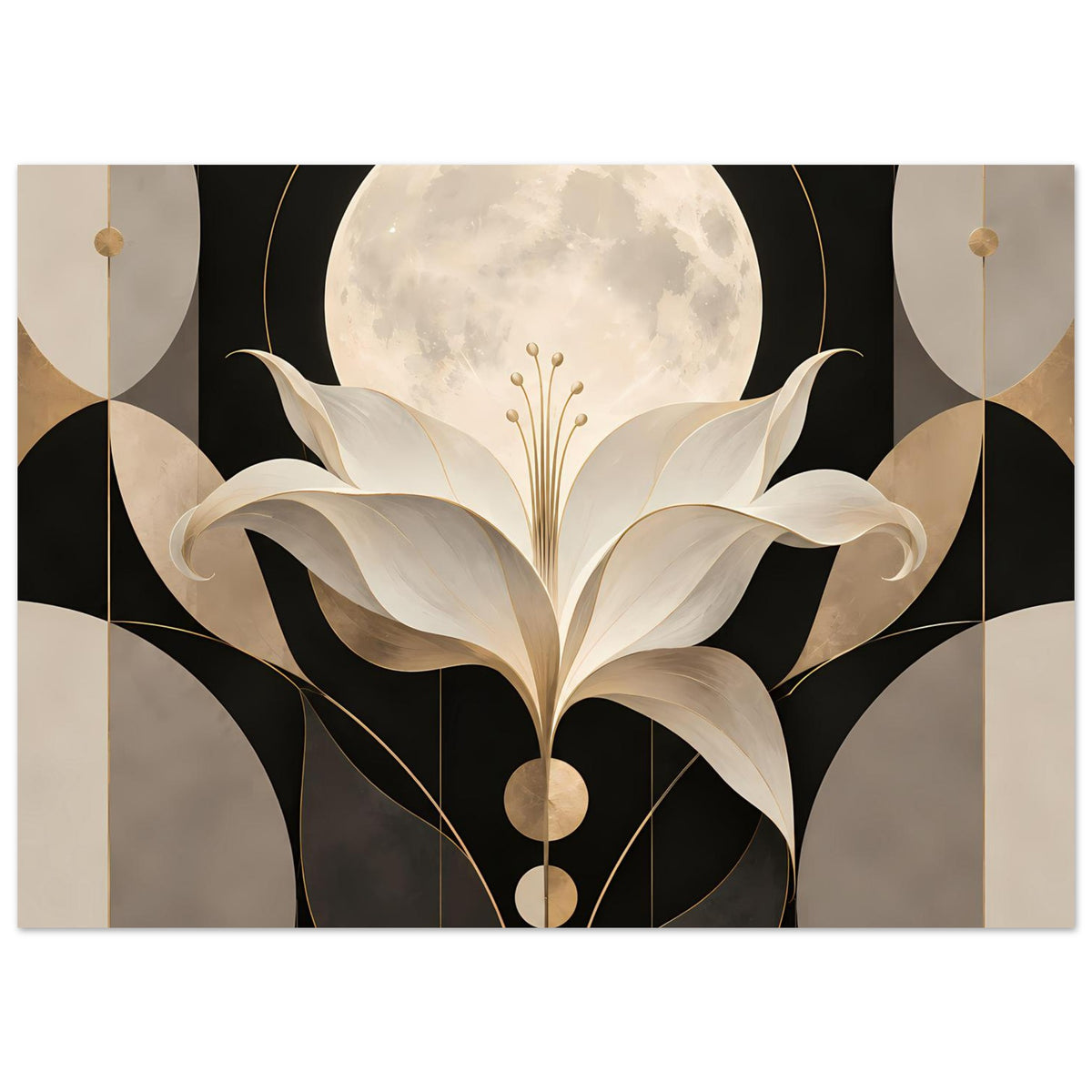 Art-déco-Poster mit Mond und cremefarbener Lilie in Gold, horizontal